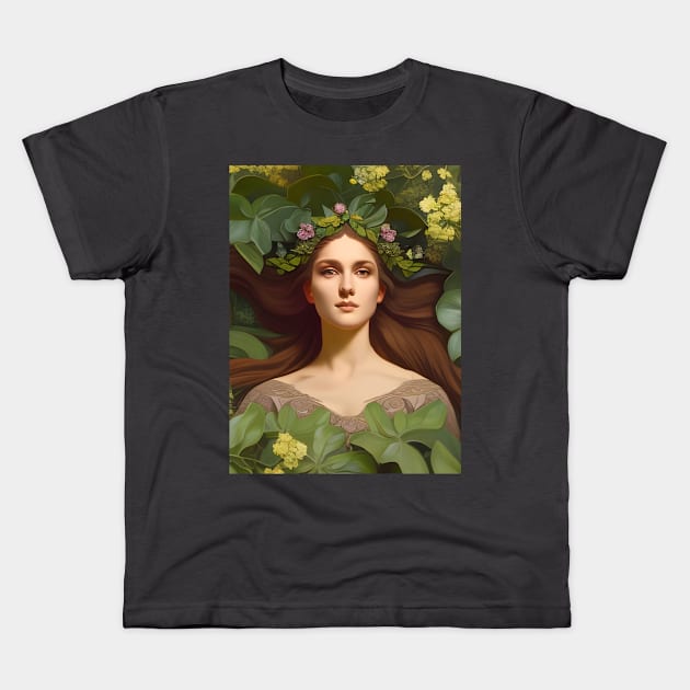 Spring Equinox Beautiful Woman Surrounded By Spring Flowers and Leaves Kids T-Shirt by Chance Two Designs